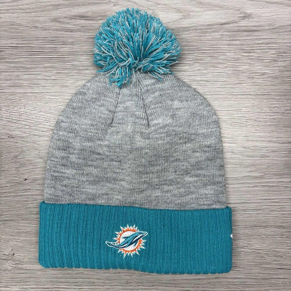 Miami Dolphins Hat Beanie Mens Aqua Gray NFL Football Cuffed Knit Puff Winter